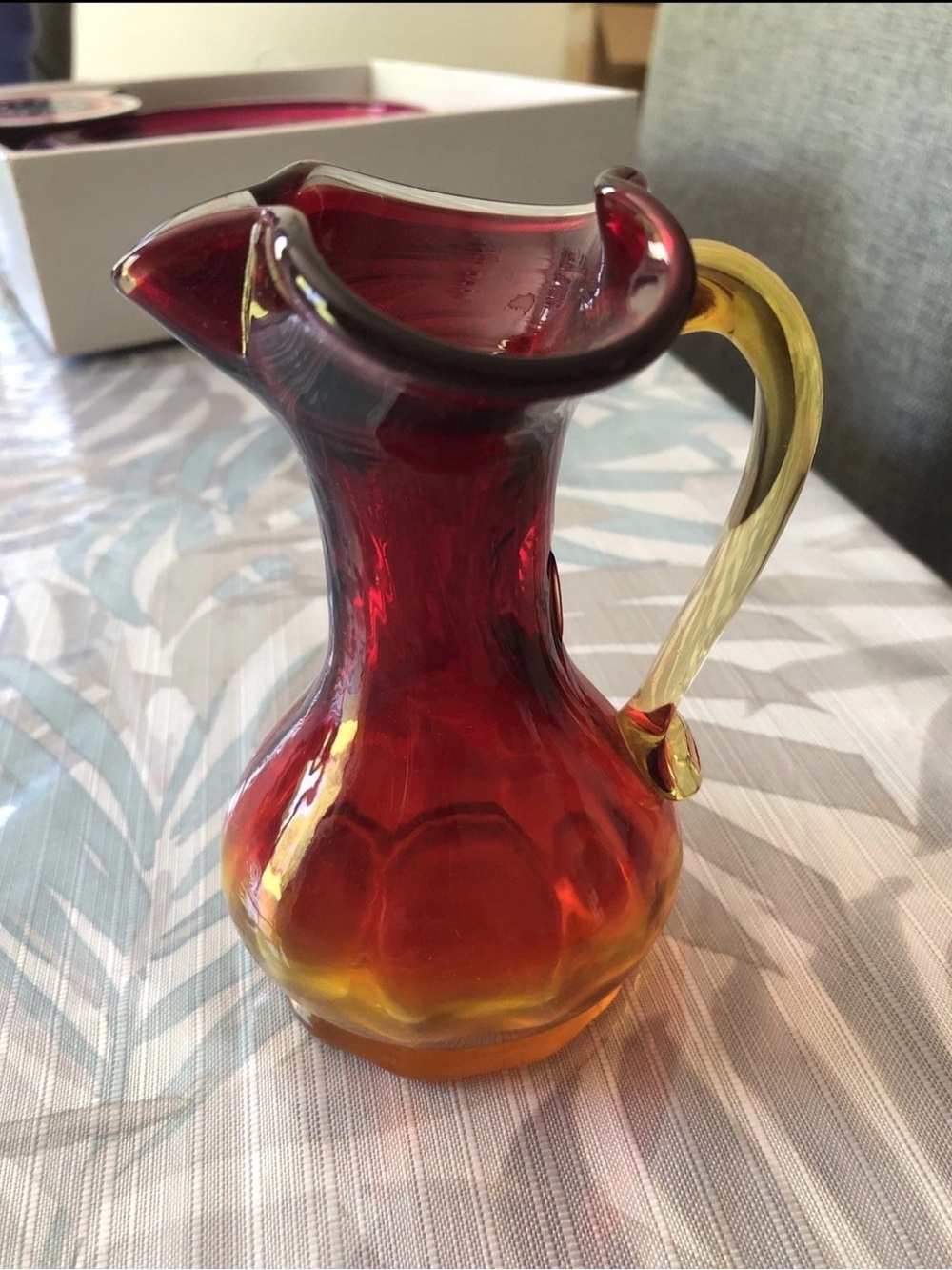 Amberina Red, Orange, Yellow Glass Pitcher - 4.5” Tall